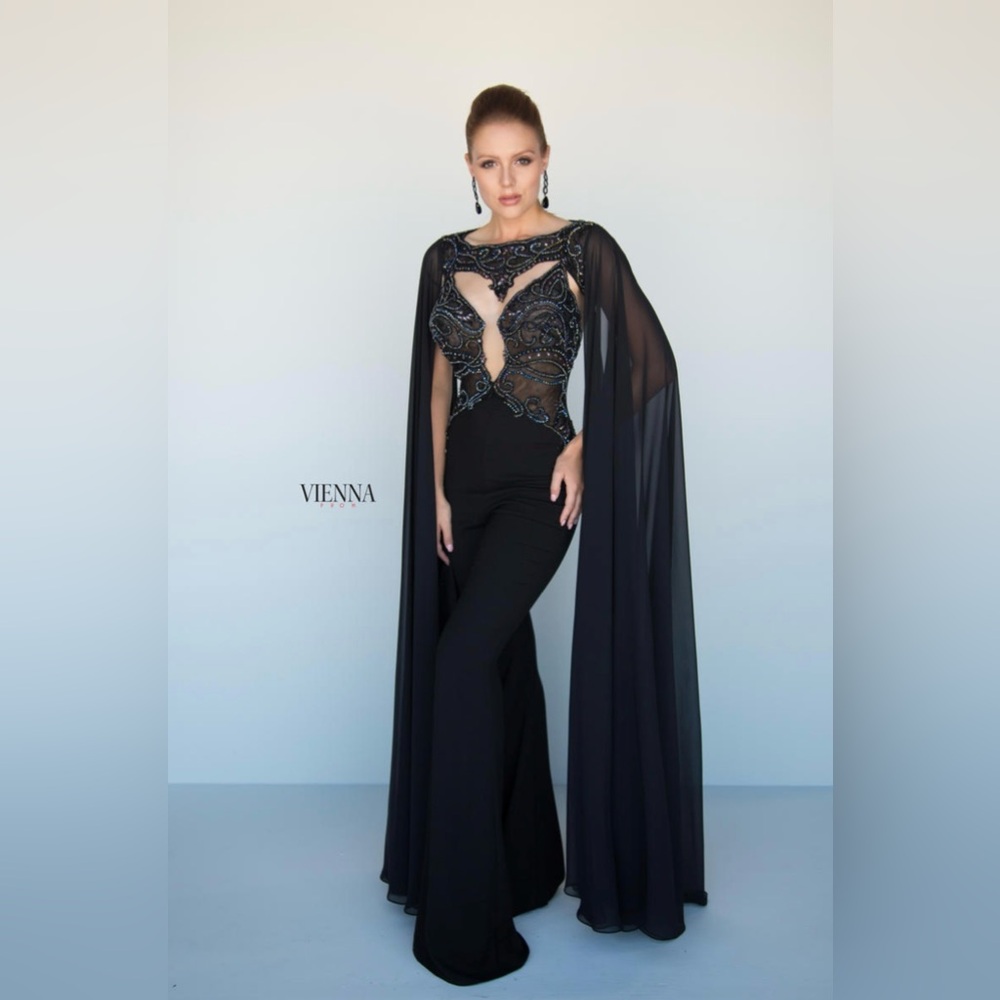 Vienna Prom Black Jumpsuit with Sheer Cape